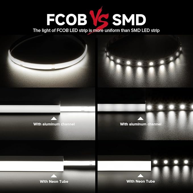 BTF-LIGHTING FCOB COB LED Strip Flexible High Density Uniform Light 9W/m 16.4FT DC24V Daylight White 5000K 480LEDs/m CRI 90+ 8mm Width Dimmable LED Ribbon for Indoor Decor(No Adapter or Controller)