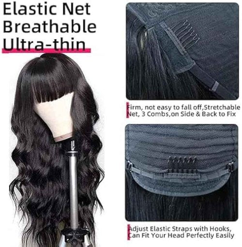 ROSELINE Body Wave Wigs with Bangs Human Hair Wigs for Black Women None Lace Front Wigs 150% Density Brazilian Virgin Hair Glueless Wig Natural Color 20inch
