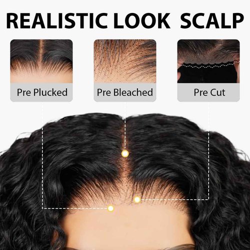 Xinjiju Wear and Go Glueless Wigs Human Hair Pre Plucked Pre Cut 6x4 Short Curly Bob Lace Front Wigs for Black Women Natural Hairline Water Wave Lace Front Wigs 200% Density 14 Inch