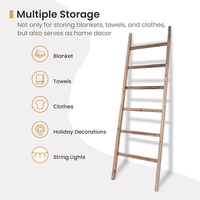 SwaaVee Blanket Ladder 6-Tier Towel Rack, Wooden Quilt Ladder Shelf for Home Decor, Wall Leaning Farmhouse Quilt Display Towel Holder Organizer for Living Room, Bathroom (24" Wide)