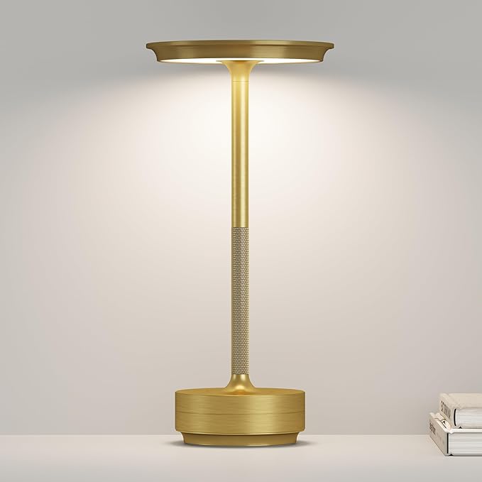 Cordless LED Table Lamp,Portable Rechargeable USB-C Battery Operated Table Lights IP54 Waterproof 3 Levels Brightness Light with Memory Function,for Terrace, Western Restaurant, Cafe(Gold)