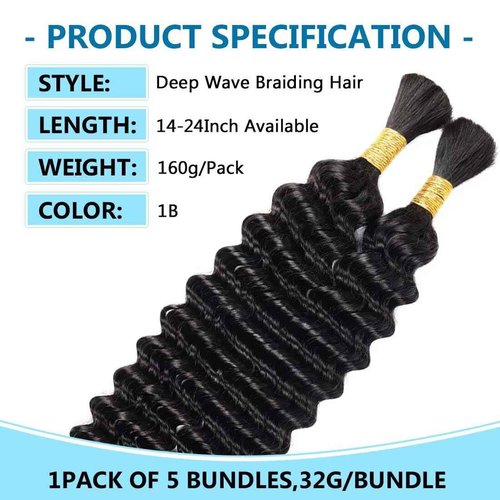 160g 5 Bundles Human Braiding Hair for Boho Braids 18 Inch Curly Boho Hair for Braiding Knotless 12A Deep Wave Bulk Bohemian Natural Black