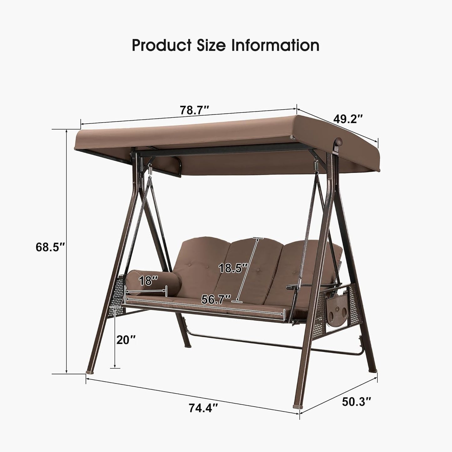 PURPLE LEAF 3-Seat Deluxe Outdoor Patio Porch Swing with Weather Resistant Steel Frame, Adjustable Tilt Canopy, Cushions and Pillow Included, Beige