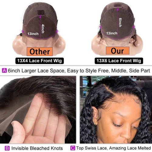 Nakkia 13x6 Bob Wig Deep Wave Lace Front Wigs Human Hair 13x6 Lace Frontal Wigs 180% Density Curly Bob Wig Human Hair Pre Plucked for Women Natural Black 16Inch