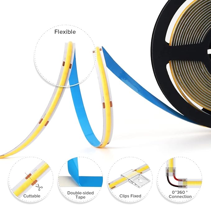 BTF-LIGHTING FCOB COB LED Strip 528LED/m Flexible High Density Uniform Light 14W/m 16.4FT DC12V Natural White 4000K CRI 90+ 10mm Width for Home Indoor Decoration(No Adapter or Controller)