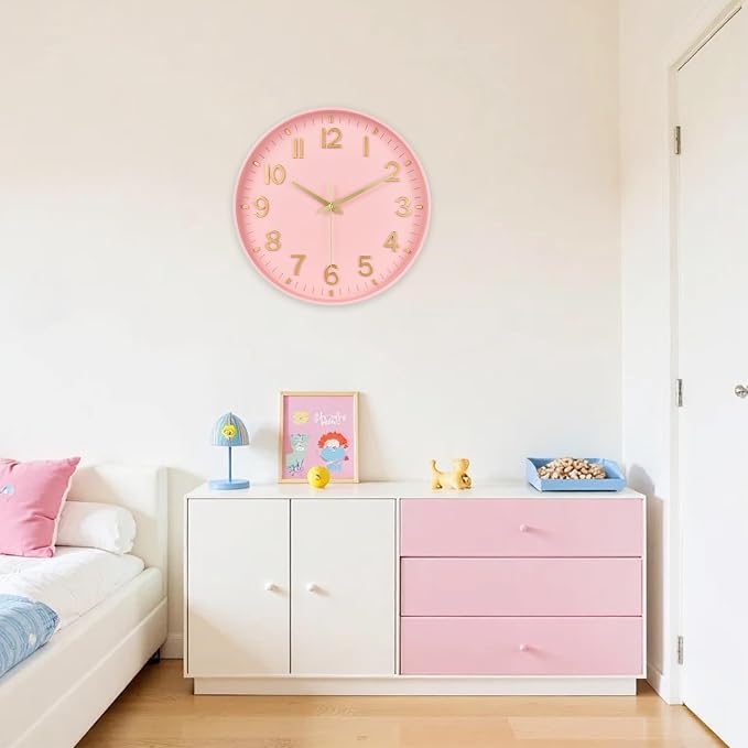 HZDHCLH Wall Clocks Battery Operated,Wall Clock Pink Gold 10 inch Wall Clock Silent Non Ticking Modern 3D Numbers for Office Kitchen Classroom Bedroom Living Room Decor
