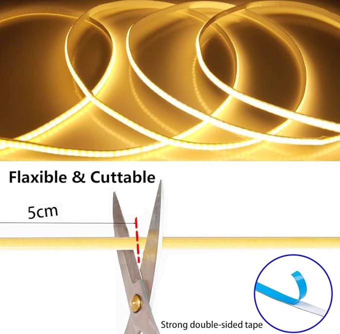 MDee】USB COB Tape Light LED Strip 1.64ft/0.5m- Flexible 5mm Hidden DC 5V LED Tape with 320 LEDs/m for Warm (2700K) Lighting. Cuttable, Shapeable, USB Powered. Ideal for Kitchen