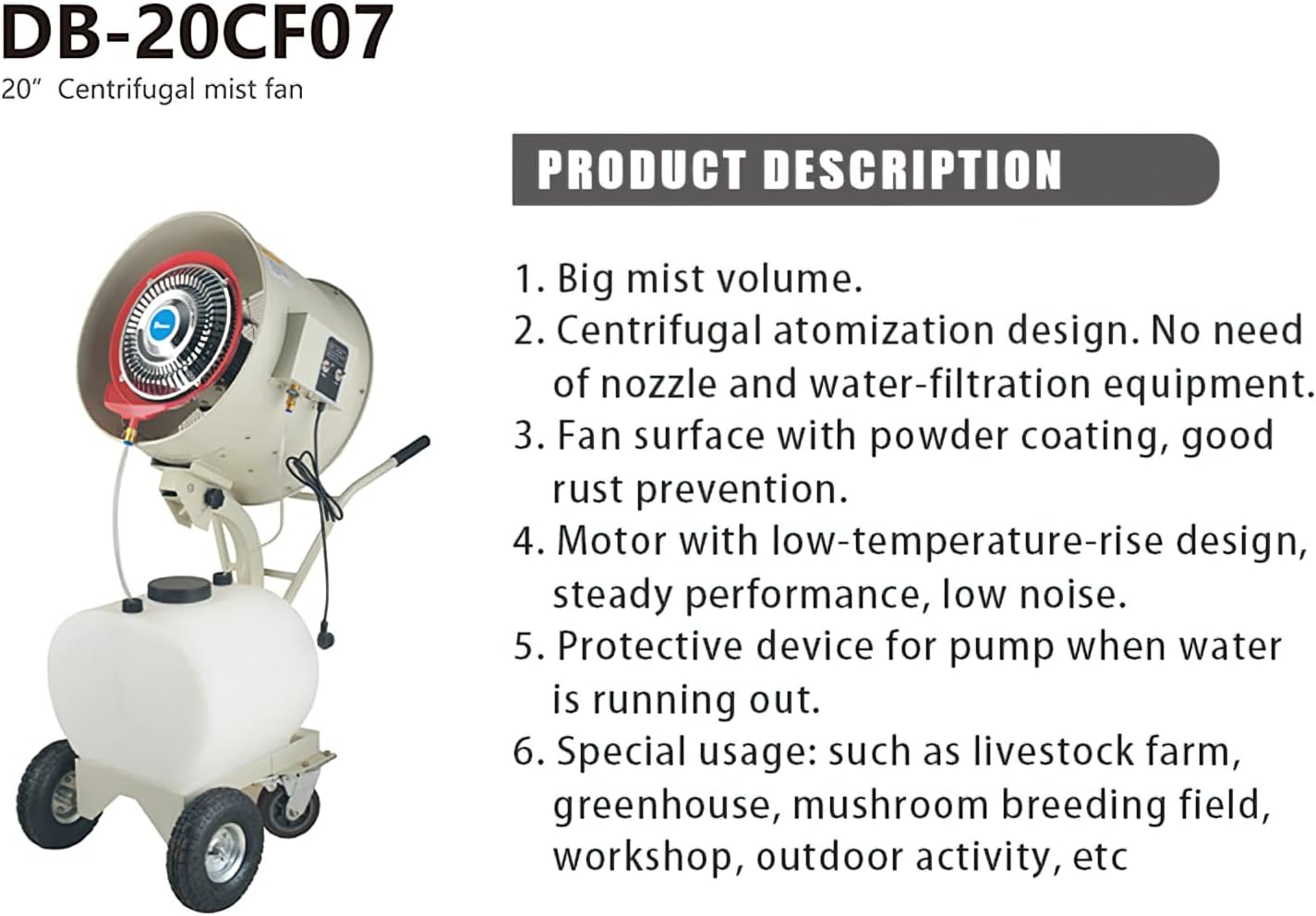 LI-GELISI High Power Misting Fan – All Metal With 1250 Sq Ft Cooling & 13 Gal Tank (White 550W/20 inches)