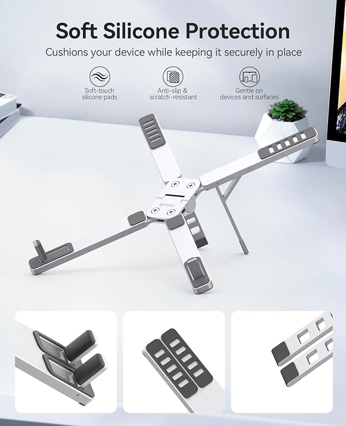 ORICO Portable Laptop Stand for Travel & Desk, Ultra-Compact Foldable Aluminum 3-in-1 Riser for Laptop, Tablet & Phone, 5 Adjustable Heights, Compatible with MacBook/HP/Dell/iPad/iPhone – PN1 (Silver)