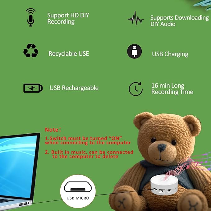 XLW Voice Recorder,16Min Voice Recording Button for Stuffed Animals, Bear,Crafts Pillow.16MB Record Custom Messages for Xmas Halloween New Year Birthday Creative DIY Present (2P White)