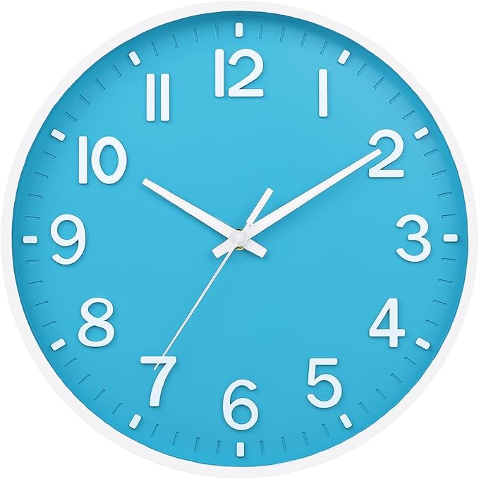 HZDHCLH Wall Clocks Battery Operated,Wall Clock Blue and White 8 inch Wall Clock Silent Non Ticking Modern 3D Numbers for Office Kitchen Classroom Bedroom Living Room Decor