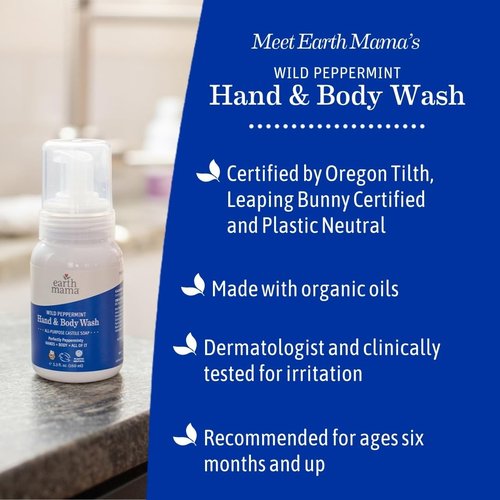 Earth Mama Wild Peppermint Hand & Body Wash | Foaming Hand Soap Refill, Castile Soap Liquid Made with Organic Wild Mint & Peppermint Oil, 34 fl oz (2-Pack)