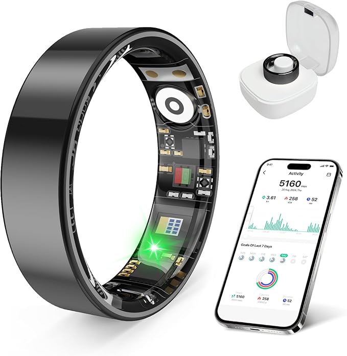 Smart Health Ring Fitness Tracker with Stress & Sleep Monitoring, Waterproof Activity Tracker, Compatible with iOS & Android, No Subscription Fee, Lightweight Wearable for Women & Men (Black, 10)