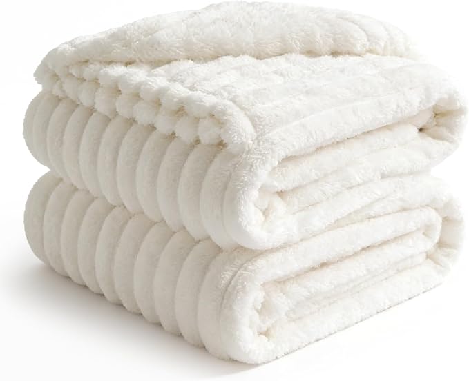 BEDELITE Blankets Queen Size for Bed, 300GSM Soft & Warm Fleece Blanket, Decorative and Giftable Striped Cream White Blankets for Women, Men, 90"x90"