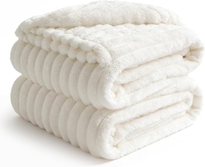 BEDELITE Full Size Blanket for Bed, 300GSM Soft & Warm Fleece Cream White Blanket, Decorative and Giftable Striped Blankets for Women, Men, 84"x90"