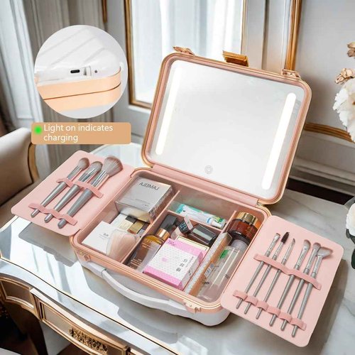 ZhenGuiRu Makeup Case with LED Lighted Mirror, 11.5''x 8.7'' Portable Travel Makeup Organizer, Toiletry Storage Makeup Bag Gift for Lady, DIY Dividers Makeup Box with 5X Magnifying Mirror (White)