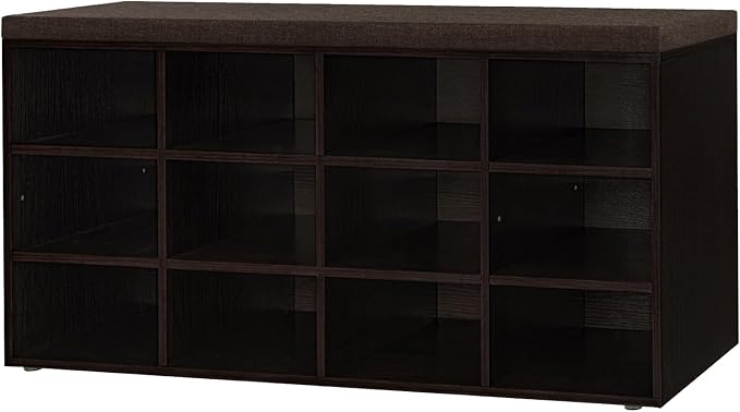 DINZI LVJ Shoe Storage Bench with Cushion, Cubby Shoe Rack with 12 Cubbies, Adjustable Shelves, Multifunctional Shoe Organizer Bench for Entryway, Mudroom, Hallway, Closet and Garage, Espresso