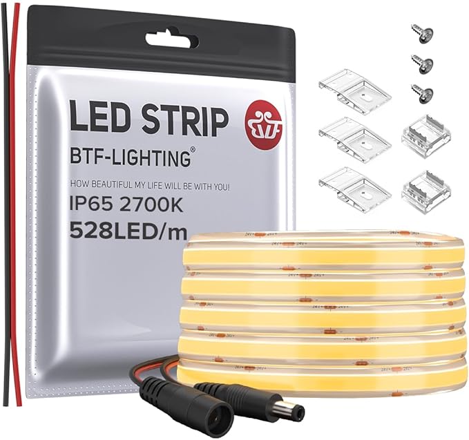 BTF-LIGHTING FCOB COB LED Strip IP65 Flexible High Density Uniform Light 14W/m 16.4FT DC12V Warm White 2700K 528LED/m CRI 90+ 10mm Width Dimmable LED Ribbon for Decor(No Adapter or Controller)