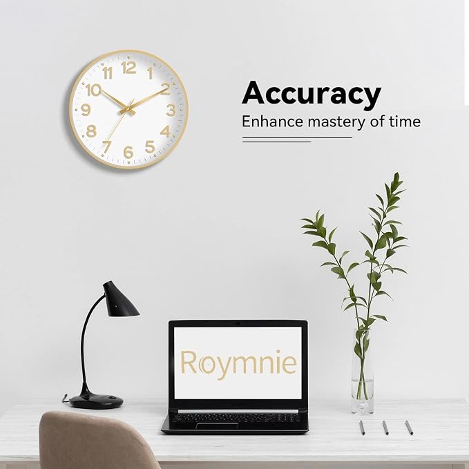 Roymnie Wall Clock 12 Inch Silent Wall Clocks Battery Operated-Modern Non Ticking Analog Clock Decorative for Kitchen Bedroom Office (White Gold)