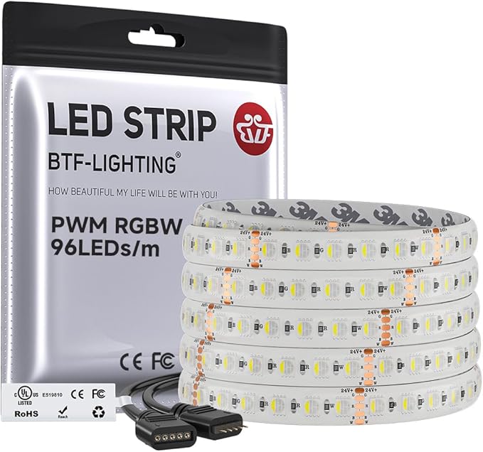 BTF-LIGHTING UL Listed RGBW LED Strip Lights,5050 4 Colors in 1 RGB + 6000K-7000K Cool White,24V DC,16.4ft/5m 96LEDs/m 12mm White PCB, IP65 Waterproof for Home Decoration(No Adapter or Controller)