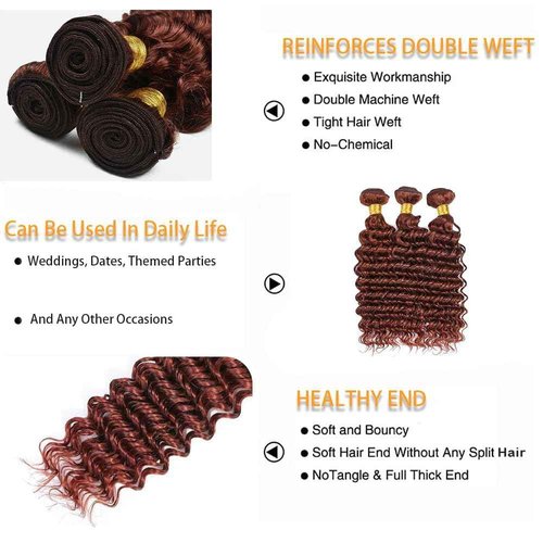 Giginger Bundles Human Hair 22 24 26 Inch Reddish Brown Deep Wave Bundles Color 33 Human Hair Deep Wave Unprocessed Quick Weave Soft Sewn In Hair Extensions for Black Women