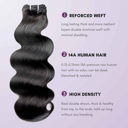 AUROO 14A Raw Bundles Human Hair Body Wave, 100% Indian Virgin Raw Hair Bundles Wavy Long Lifespan No Shedding Double Drawn Premium Full-Bodied Quality Quick Weaves #Natural Black (14 14 14 Inch)