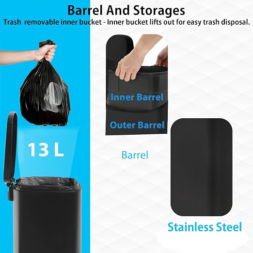 BestMassage 13 Gallon (50L) Stainless Steel Trash Can with Lid, Removable Inner Bucket, Foot Pedal, Soft Close for Home, Kitchen, Office