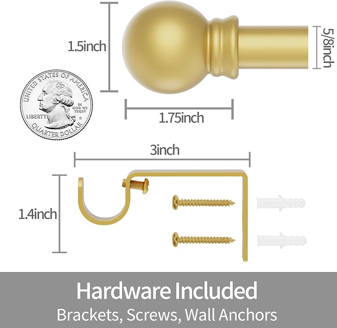 Thestoa Gold Curtain Rods for Windows 30-46 Inch, 5/8" Stainless Steel Small Curtain Rod for Bedroom, Living Room,Kitchen,Farmhouse