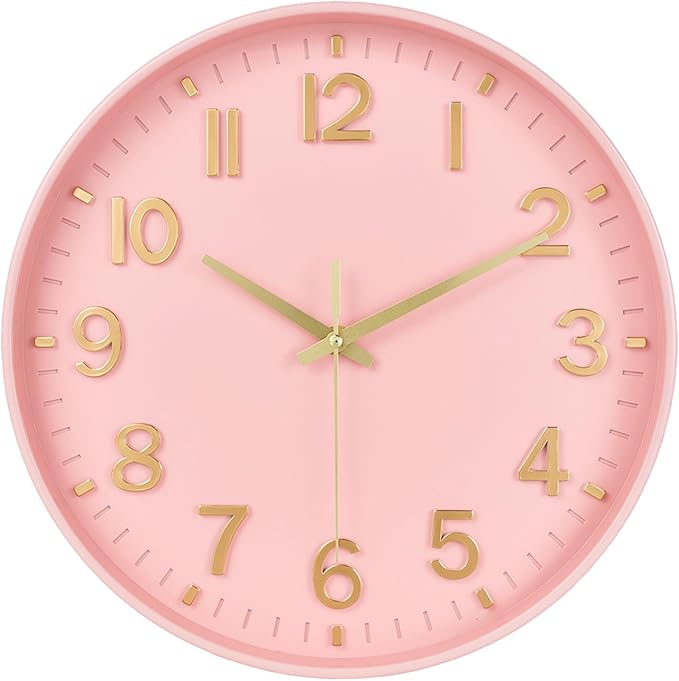 HZDHCLH Wall Clocks Battery Operated,Wall Clock Pink Gold 12 inch Wall Clock Silent Non Ticking Modern 3D Numbers for Office Kitchen Classroom Bedroom Living Room Decor