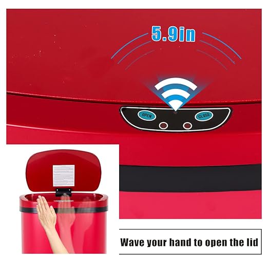 13 Gallon 50 Liter Garbage Can Kitchen Trash Can with Lid Automatic Sensor Touch Free Stainless Steel Waste Bin for Bathroom Bedroom Home Office,Red