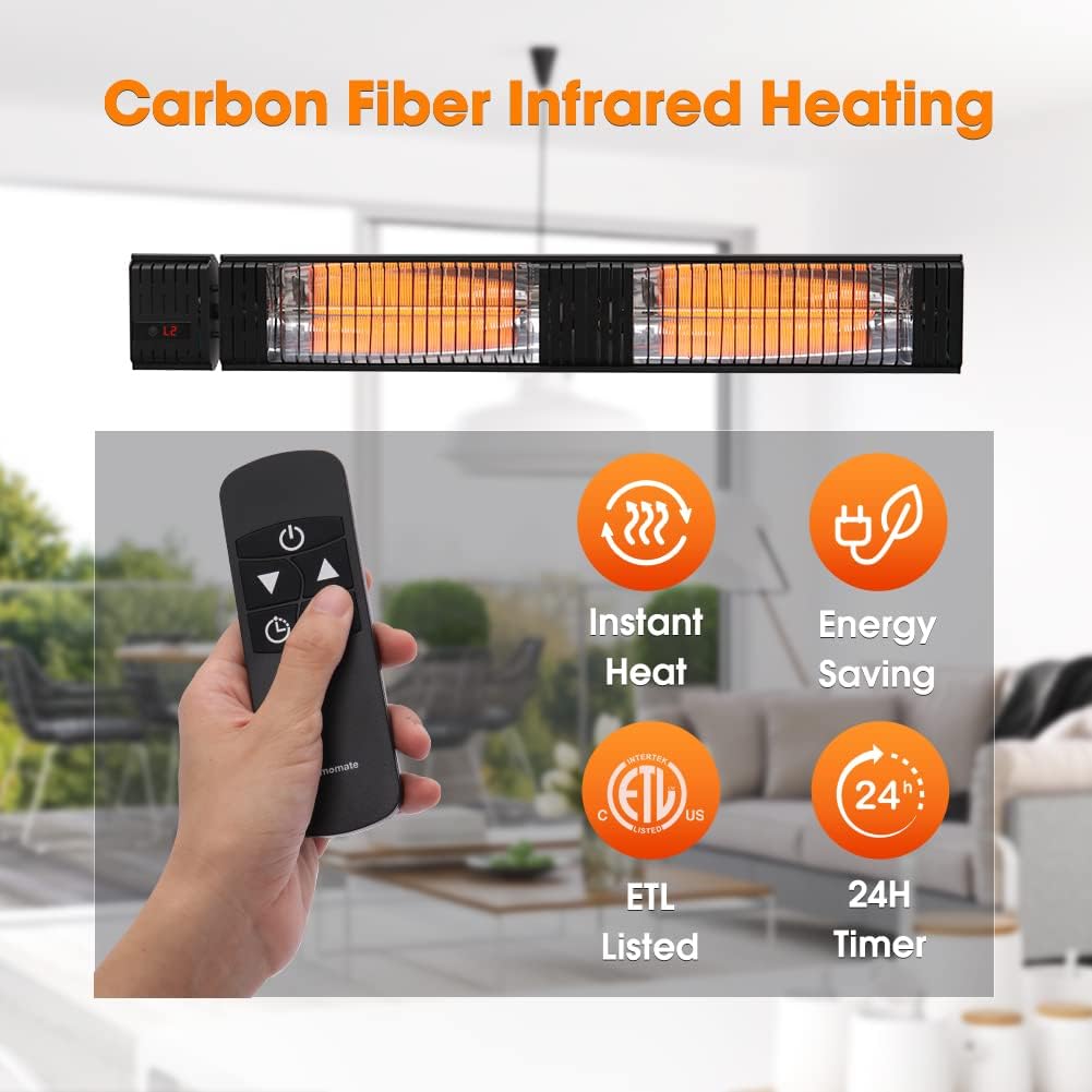ThermoMate Infrared Electric Patio Heater, 3000W Carbon Fiber Heating for Outdoor/Indoor, Porch, Deck, Garage with Remote 24 Hours Timer, Hard Wired 240V