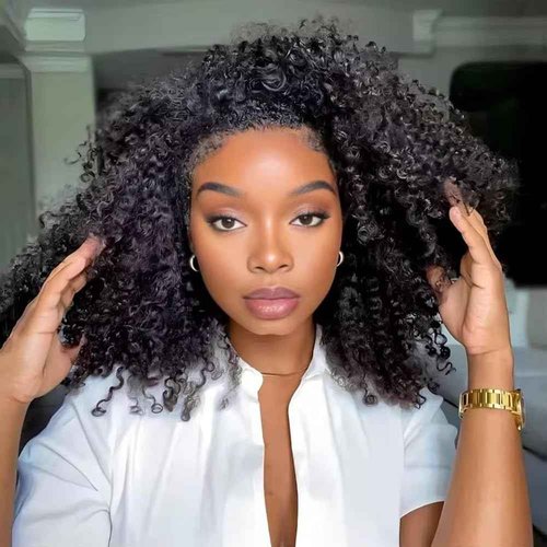 Kinky Curly Half Wig Human Hair 200% Density 3 In 1 Seamless Clip Ins Flip Over Half Wig Wear and Go Glueless Wigs Human Hair for Women Drawstring Headband Wig Beginner Friendly (Black, 18 Inch)