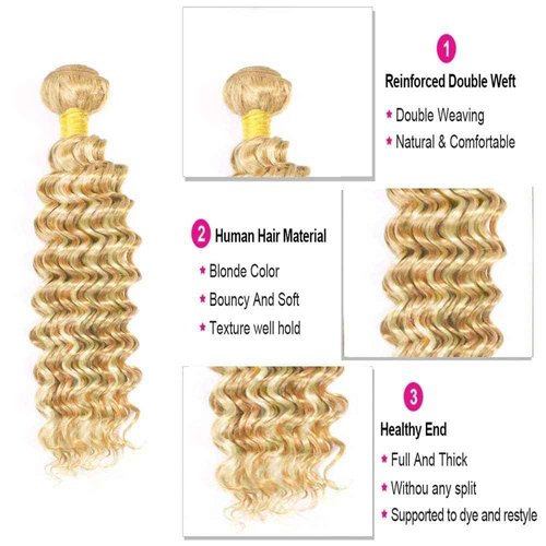 Giginger Bundles Human Hair P27/613 Blonde Deep Wave Human Hair Bundles 22 24 26 Inch Highlight Honey Blonde Unprocessed Quick Weave Soft Sewn In Hair Extensions for Black Women