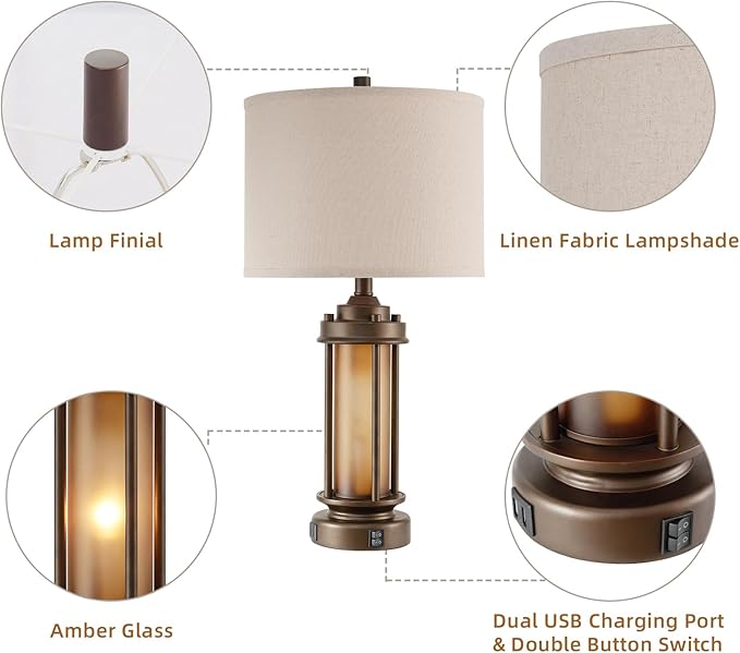 AIEAMPDO Set of 2 Farmhouse Table Lamps for Living Room, Rustic Vintage Bedside Lamps with 2 USB Ports, Bedroom Nightstand Lamp with Amber Glass Nightlight for End Table Entryway, 4 Bulbs Includes