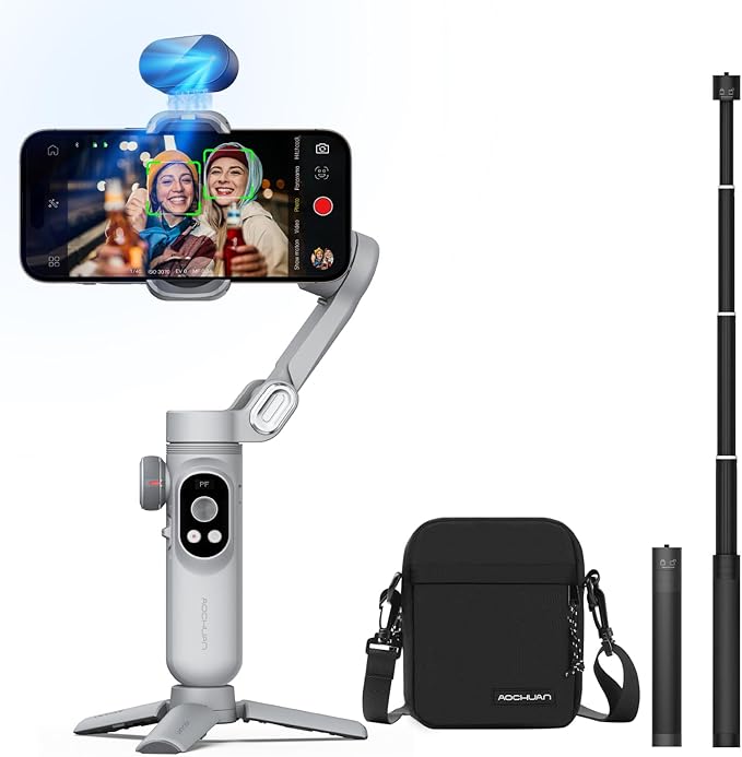 AOCHUAN 3-Axis Gimbal Stabilizer for Smartphone Smart AI XPro Grey & B10 Storage Bag & E10 Extension Rod