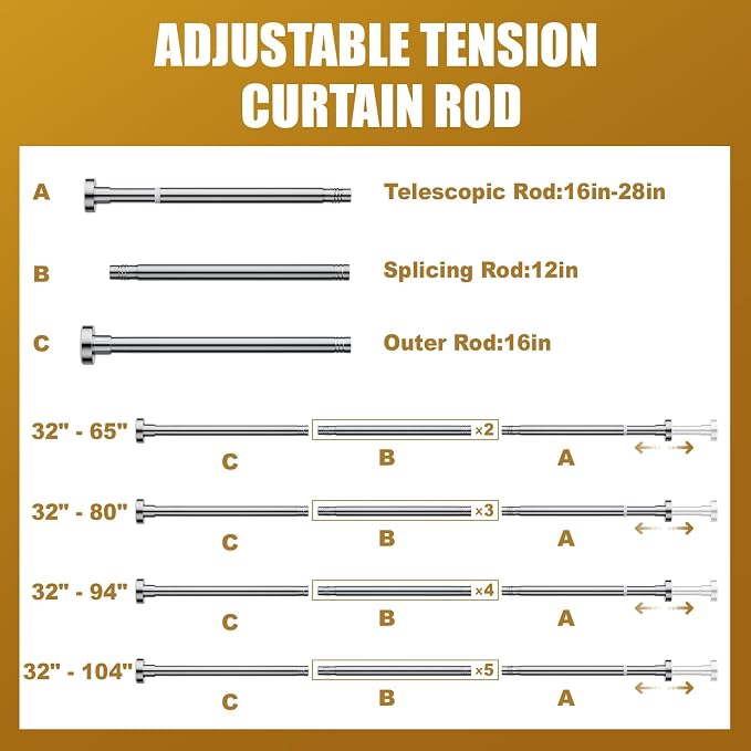 Ausemku Shower Curtain Rod Tension, 32-104 Inch Adjustable Heavy Duty Spring Tension Curtain Rod, No Drill Stainless Steel Telescoping Rod for Bathroom, No Rust, Silver
