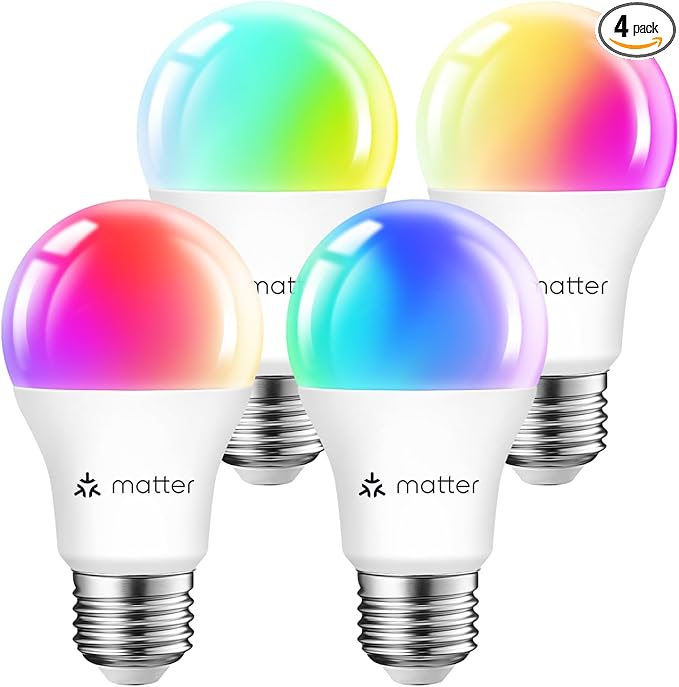 ANWIO Matter Smart Light Bulbs 8.5W (60W Replacement) A19 E26 LED Bulb Compatible with SmartThings App, Alexa, Google Assistant, Color Changing Light Bulb, 806lm,2.4Ghz only,Hub Required（4-Pack）