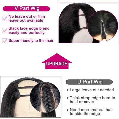 Pobokix Straight V Part Wigs Human Hair Upgrade U Part Human Hair Wigs for Women Glueless Full Head Clip In Half 180% Density Natural Color (18inch)
