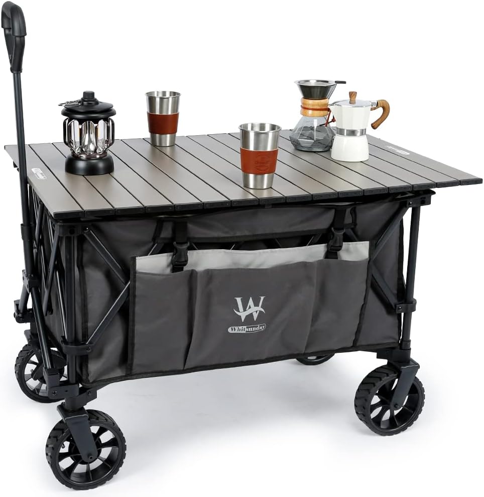 Whitsunday Folding Collapsible Utility Wagon, 400Lbs Heavy Duty Outdoor Park Beach Wagon with Table and Side Pocket for Garden Camping Sports Shopping Grey
