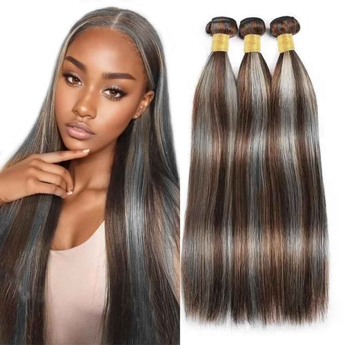 Giginger Bundles Human Hair P4/GREY 24 26 28 inch Straight Wave Human Hair Bundles Highlight Chocolate Grey Unprocessed Quick Weave Soft Sewn In Hair Extensions for Black Women