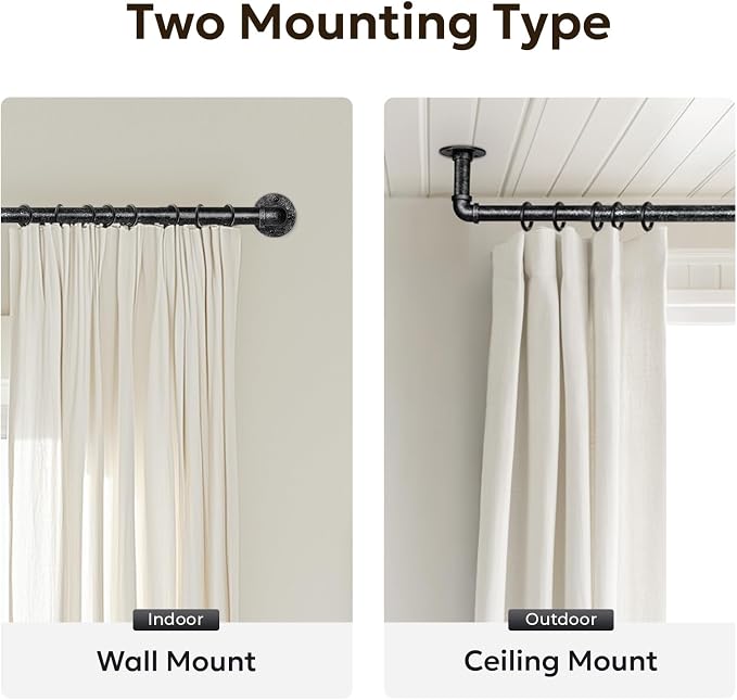 Zeerobee Curtain Rods for Windows 72 to 144, 1 Inch Industrial Wrap Around Vintage Black Curtain Rod, Indoor/Outdoor Room Divider Adjustable Drapery Pole, 72"-144"