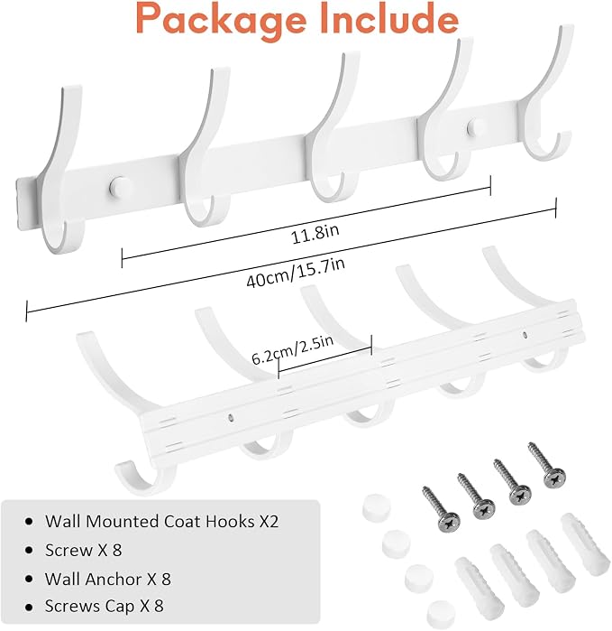 Optish Coat Rack Wall Mount, Coat Hook Wall Mount, Wall Hooks for Hanging, Hat Rack for Walls, Coats Hanger with 10 Hook, Towel Hooks for Bathrooms (1 Pack, White)