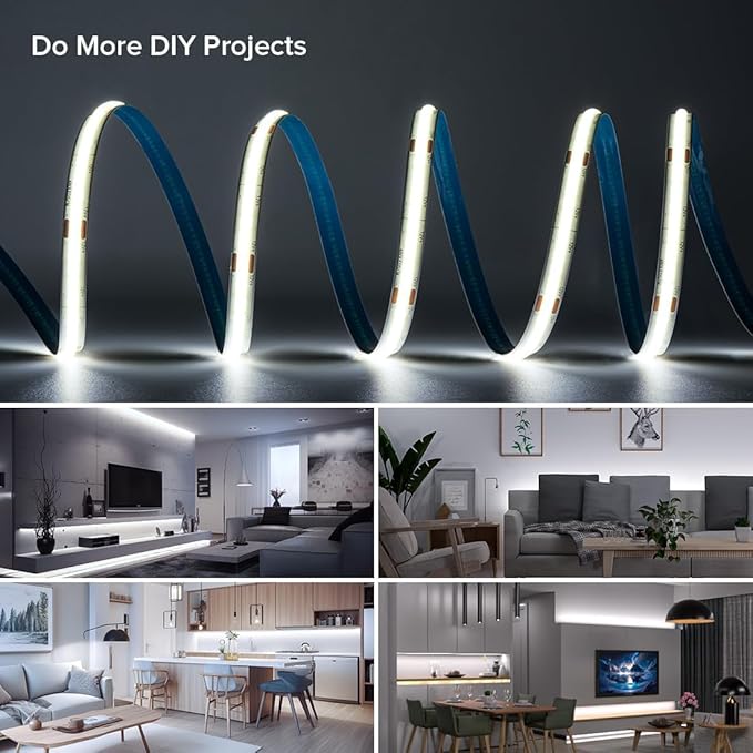 16.4FT IP65 Waterproof COB LED Strip 6000K 480LEDs/m Flexible High Density Uniform Bright LED Lights 9W/m, Dimmable 8mm DC24V COB Strips for Home Indoor Decoration, NO Power and Controller
