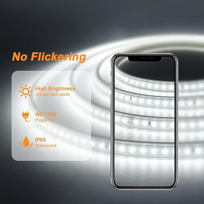 LED Strip Lights, 240 LEDs, 6500K Cool White, Waterproof Indoor & Outdoor Rope Lights for Room, Garden, Patio, Kitchen, Bedroom, Living Room, and Under Cabinet Decoration, AC 110V