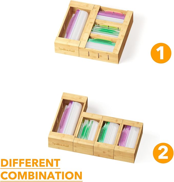 SpaceAid Bag Storage Organizer for Kitchen Drawer, Bamboo Organizer, Compatible with Gallon, Quart, Sandwich and Snack Variety Size Bag (4 Pack)