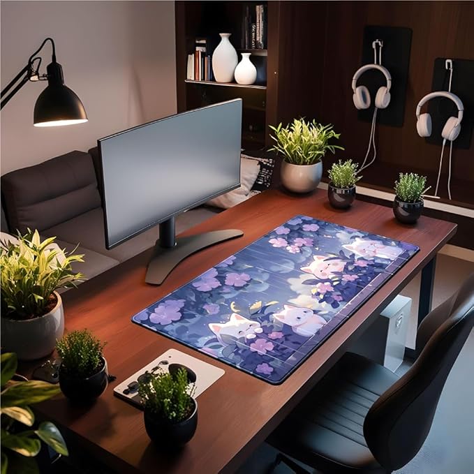 Kawaii Cat Desk Mat XXL Extended Purple Gaming Mouse Pad Large Mousepad, Cute Desk Mat Keyboard and Mouse with Stitched Edges Desk Pad for Game Office Home Desk Purple Decor 31.5x15.7 in