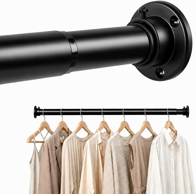 Closet Rod Adjustable 17 to 28 Inch, 1-1/4” Diameter, Closet Rods for Hanging Clothes, Stepless Metal Heavy Duty Hanging Rod for Closet Wardrobes Laundry RV (Black)