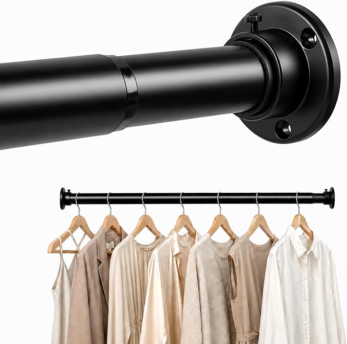 Closet Rod Adjustable 17 to 83 Inch, 1-1/4” Diameter, Closet Rods for Hanging Clothes, Stepless Metal Heavy Duty Hanging Rod for Closet Wardrobes Laundry RV (Black)