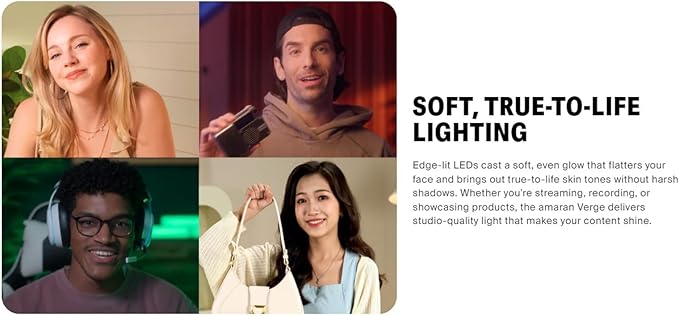 Amaran Verge Edge-lit Rectangular Panel Light, 96+ CRI,0-100% Brightness & 2700K-6500K,Bi-Color,Front-Facing Knobs and APP Control, USB-C PD, Silent for Streaming & Video Gaming Studio (Charcoal)