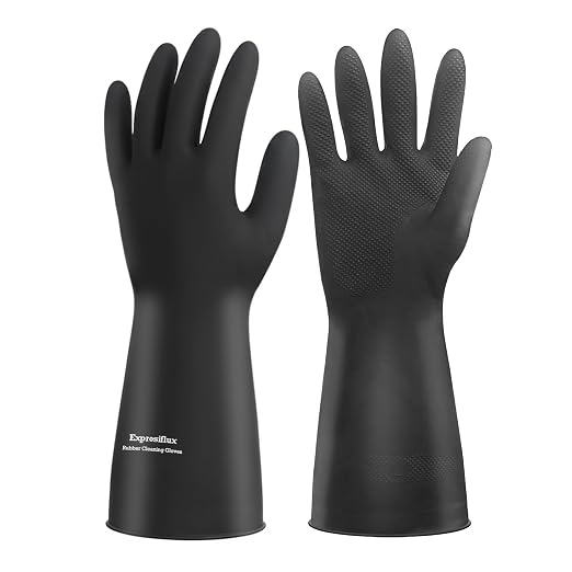 Heavy-Duty Thick Black Rubber Cleaning Gloves, 1 Pair, M | Reusable & waterproof black/orange dual layers. Non-slip design for dishwashing, kitchen cleaning, and auto care.